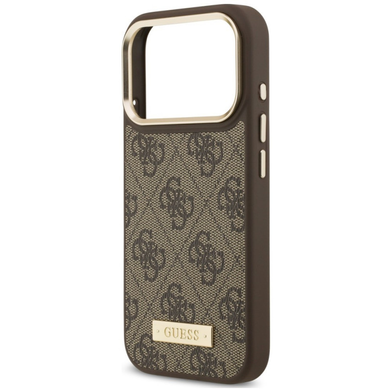 Guess 4G Logo Plate MagSafe Hülle für Apple iPhone 18 Pro / 17 Pro, Braun