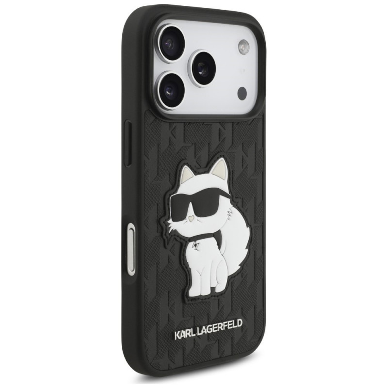 Karl Lagerfeld Saffiano Mono Patch Choupette Hülle für Apple iPhone 18 Pro / 17 Pro, Schwarz