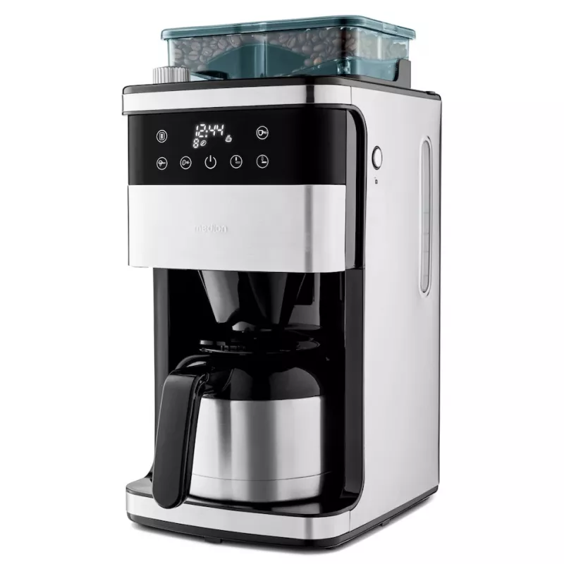 Medion MD 19911 Filterkaffeemaschine mit Mahlwerk, Thermoskanne, 1000 W, Silber/Schwarz