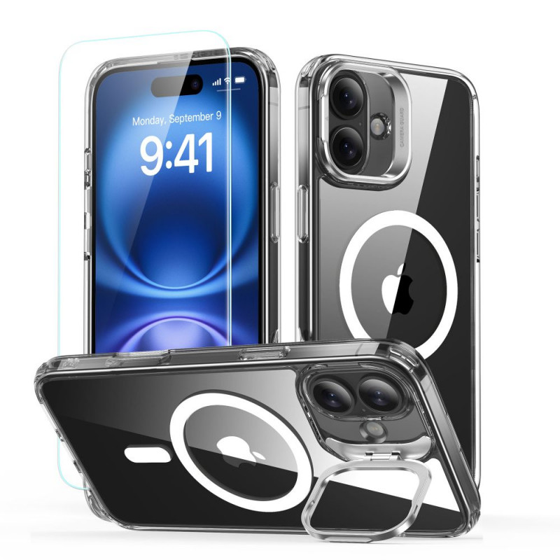 ESR Classic Hybrid Kickstand HaloLock MagSafe Hülle mit gehärtetem Glas für Apple iPhone 16 Plus, transparent