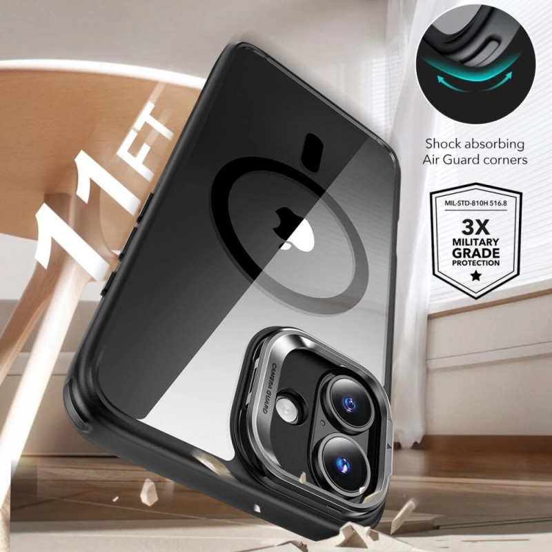 ESR Classic Hybrid Kickstand HaloLock MagSafe Hülle mit gehärtetem Glas für Apple iPhone 16, Clear/Black