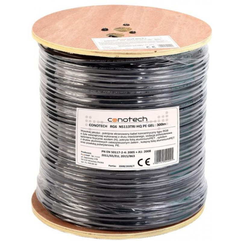 Conotech NS113TRI HQ PE Koaxialkabel mit Gel, Schwarz, 300 m