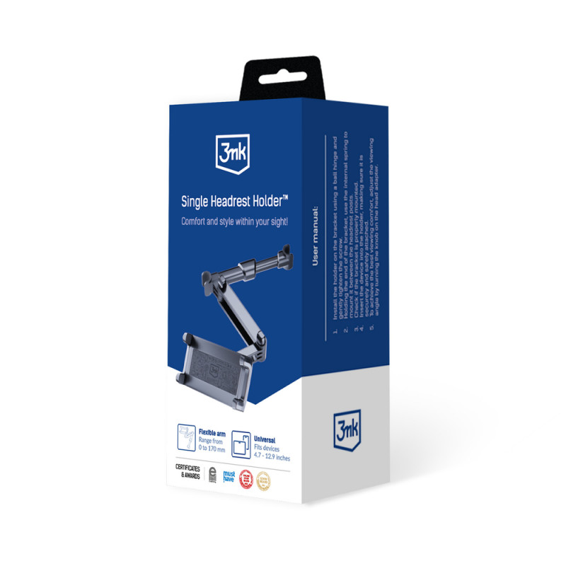 3MK Single Headrest Holder Kfz-Halterung für Handys und Tablets 4.7"-12.9", Schwarz
