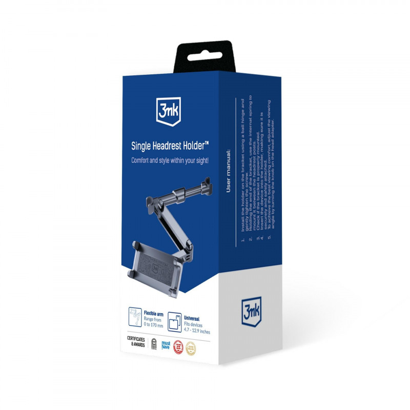 3MK Single Headrest Holder Kfz-Halterung für Handys und Tablets 4.7"-12.9", Schwarz