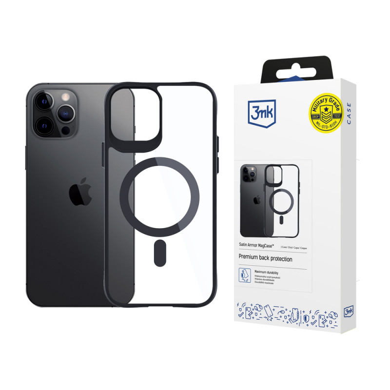 3MK Satin Armor MagCase mit MagSafe für Apple iPhone 12 Pro Max, transparent mit schwarzem Rahmen