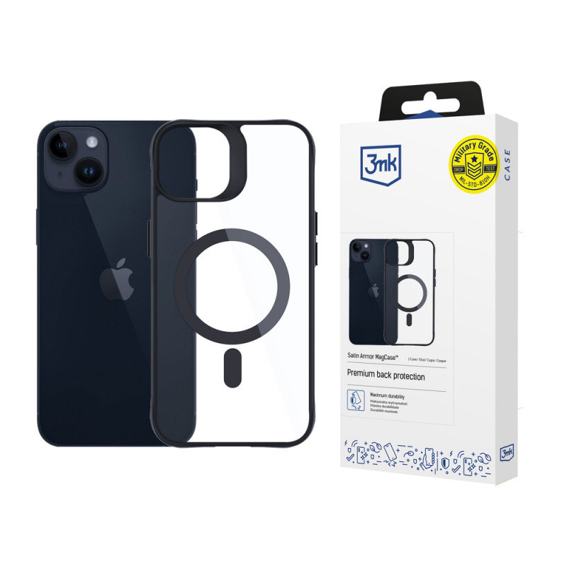 3MK Satin Armor MagCase mit MagSafe für Apple iPhone 14 Plus, transparent mit schwarzem Rahmen (156076-0)