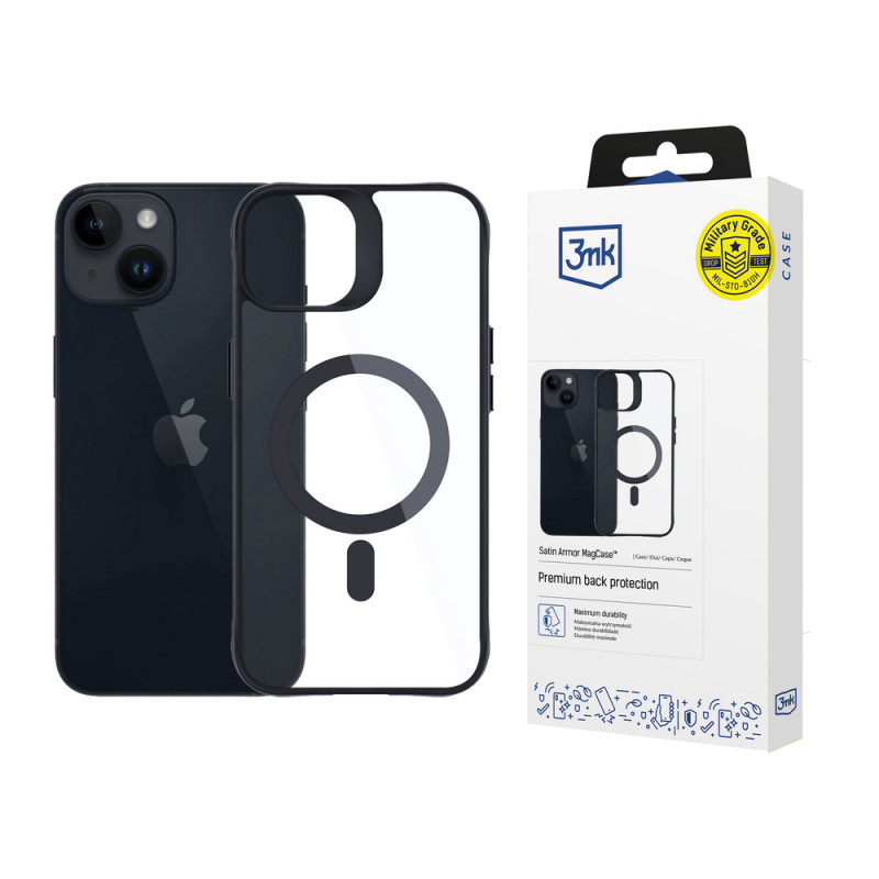 3MK Satin Armor MagCase mit MagSafe für Apple iPhone 13 / 14, transparent mit schwarzem Rahmen (156075-0)