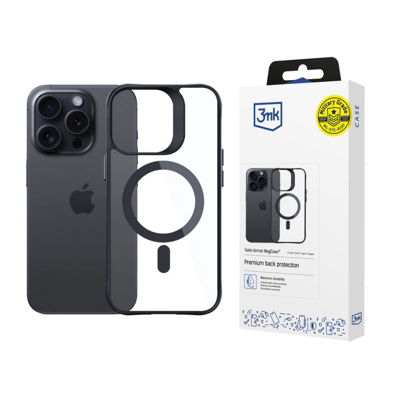 3MK Satin Armor MagCase mit MagSafe für Apple iPhone 15 Pro, transparent mit schwarzem Rahmen