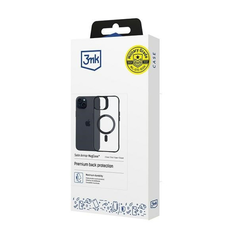 3MK Satin Armor MagCase mit MagSafe für Apple iPhone 15, transparent mit schwarzem Rahmen