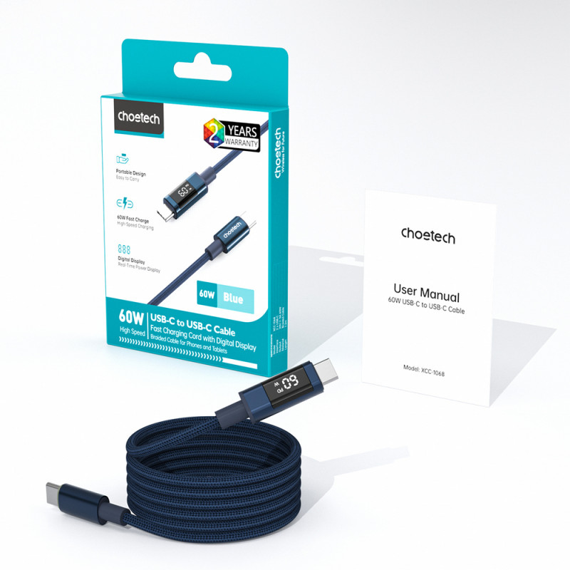 Choetech XCC-1068 PD 60W USB-C-auf-USB-C-Kabel mit Display, 1,2 m, Blau