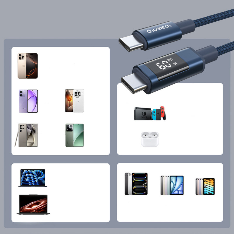 Choetech XCC-1068 PD 60W USB-C-auf-USB-C-Kabel mit Display, 1,2 m, Blau