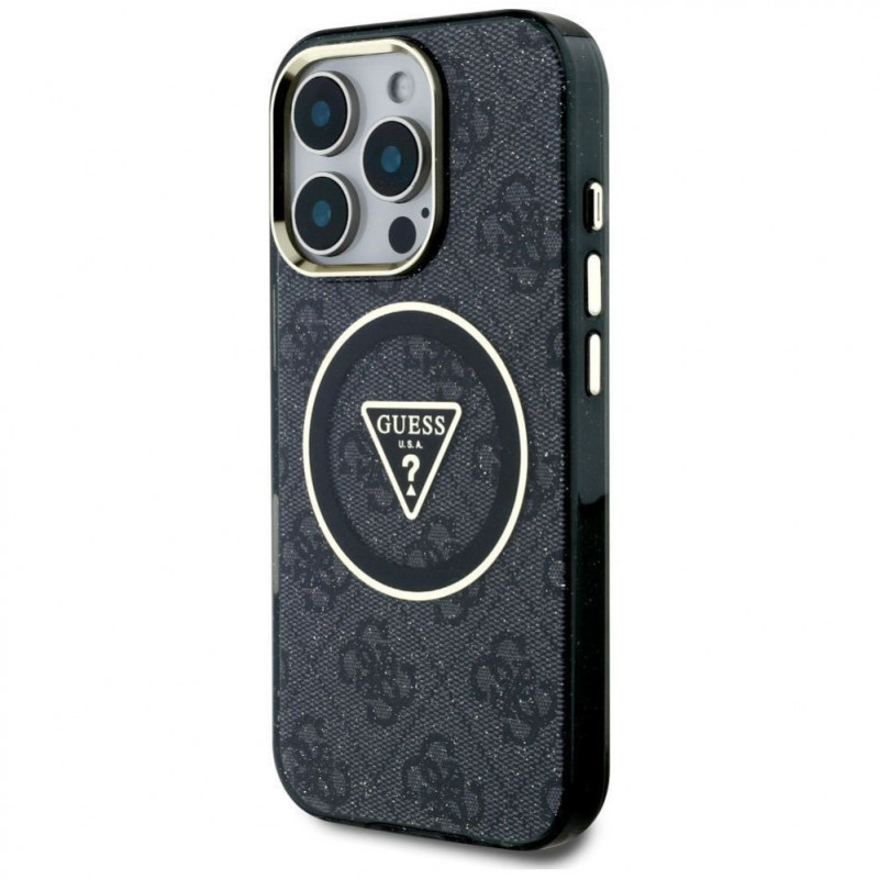 Guess GUHMP16LHG4PRTGK IML Metal Glitter 4G Circle Triangle MagSafe-Hülle für Apple iPhone 16 Pro, schwarz