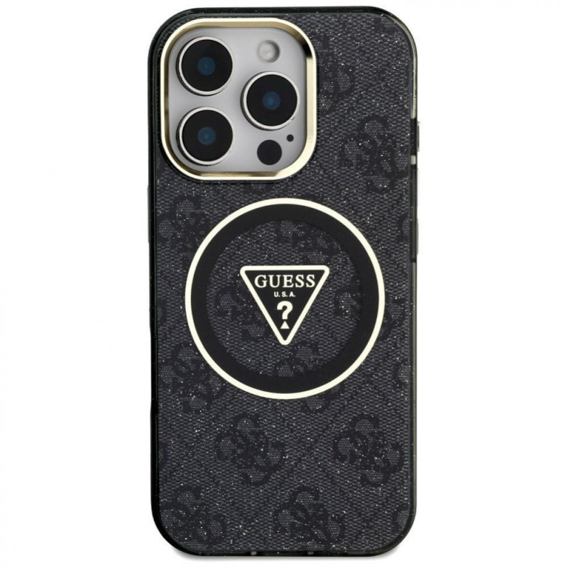 Guess GUHMP16LHG4PRTGK IML Metal Glitter 4G Circle Triangle MagSafe-Hülle für Apple iPhone 16 Pro, schwarz
