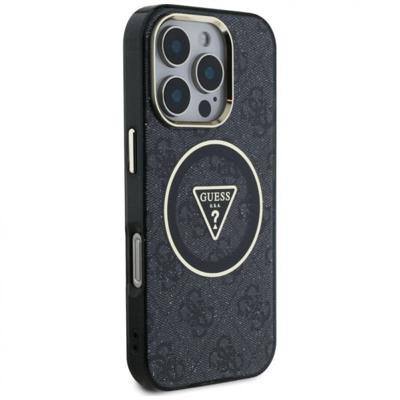 Guess GUHMP16LHG4PRTGK IML Metal Glitter 4G Circle Triangle MagSafe-Hülle für Apple iPhone 16 Pro, schwarz