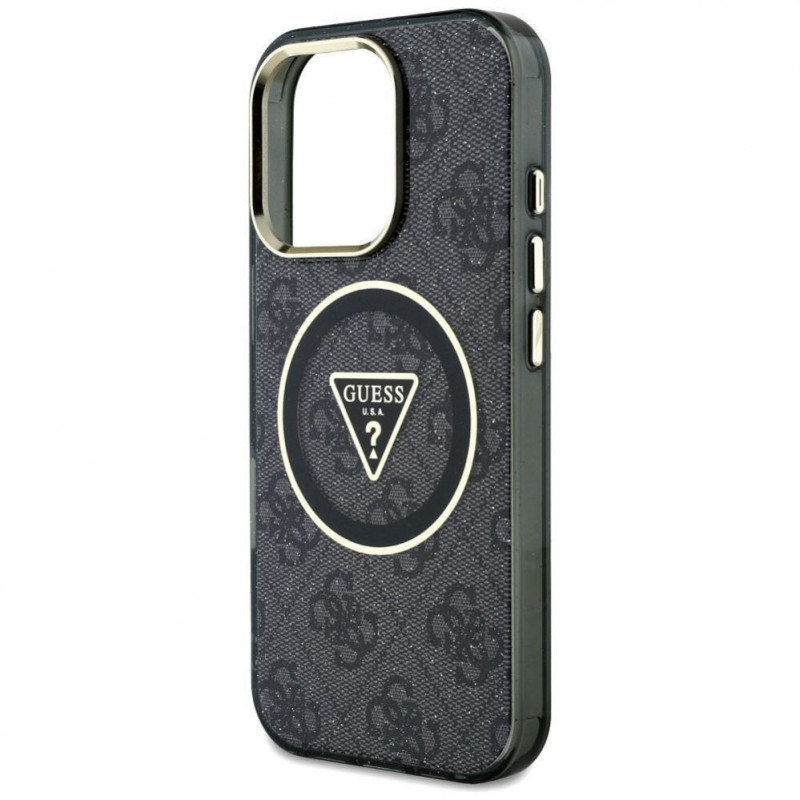 Guess GUHMP16LHG4PRTGK IML Metal Glitter 4G Circle Triangle MagSafe-Hülle für Apple iPhone 16 Pro, schwarz