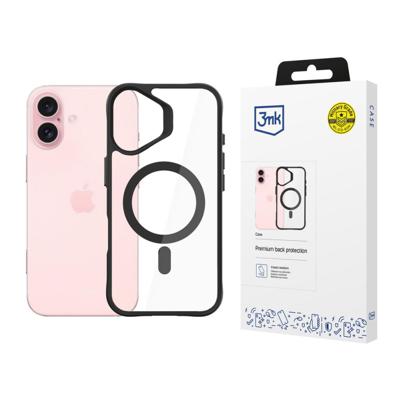 3mk Satin Armor MagCase mit MagSafe für Apple iPhone 16 Plus (W-3SAMaCa-AiP16Plu-0), transparent mit schwarzem Rahmen
