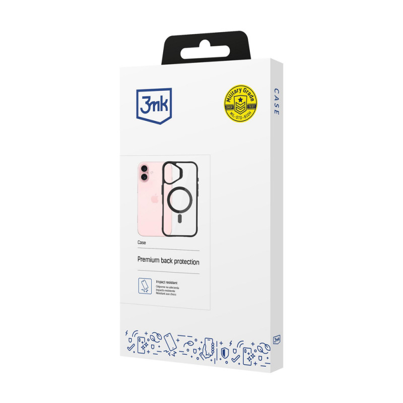 3mk Satin Armor MagCase mit MagSafe für Apple iPhone 16 Plus (W-3SAMaCa-AiP16Plu-0), transparent mit schwarzem Rahmen