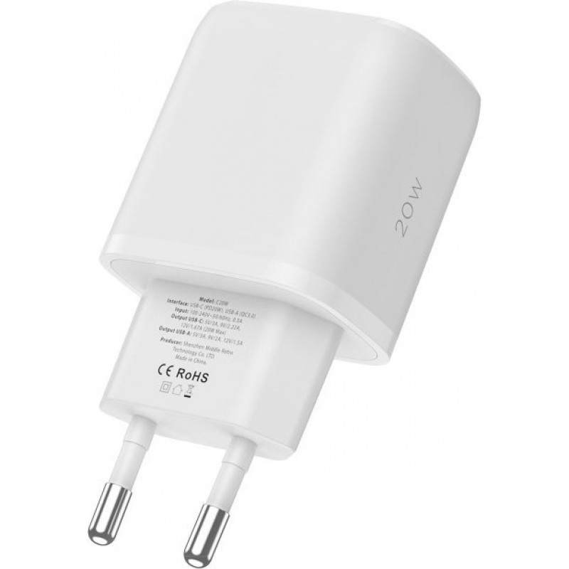 Tech-Protect C20W 2-Port-Wandladegerät, USB-C PD 20W und USB-A QC 3.0, weiß