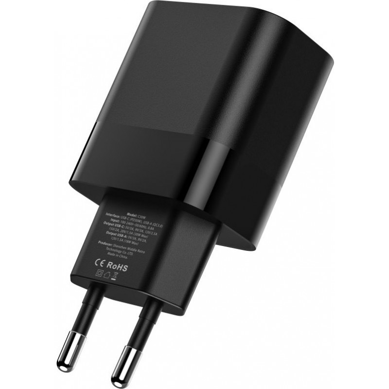 Tech-Protect C30W 2-Port-Wandladegerät, USB-C PD 30W und USB-A QC 3.0, schwarz