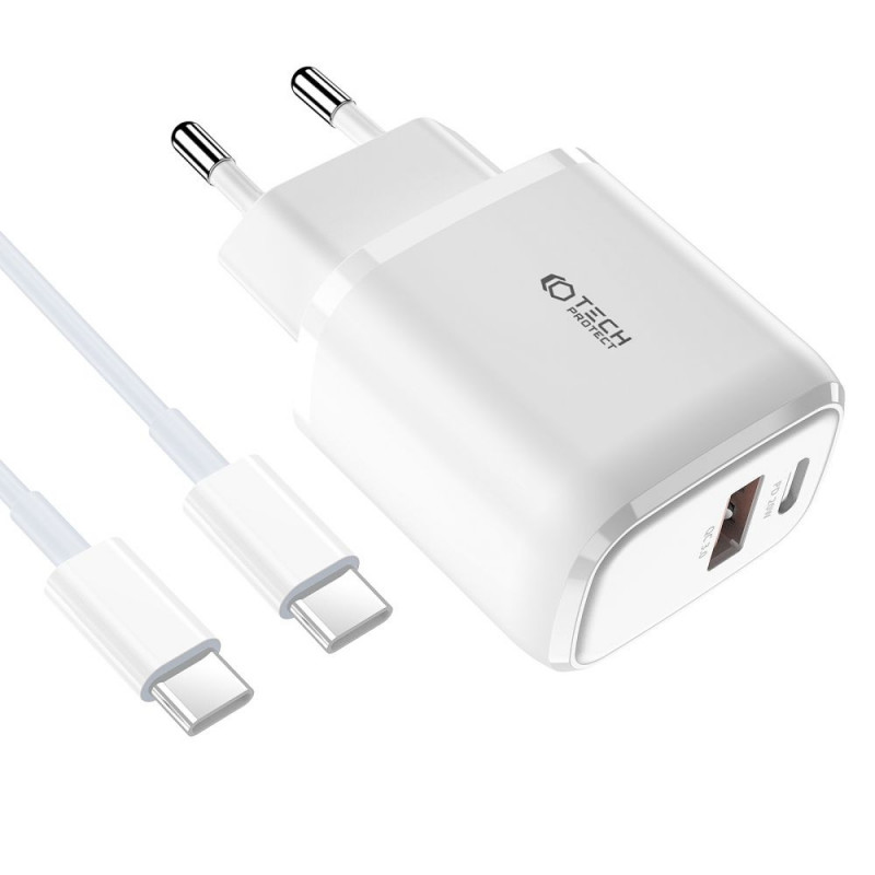Tech-Protect C20W 2-Port-Wandladegerät PD 20W QC 3.0 mit USB-C-Kabel, weiß