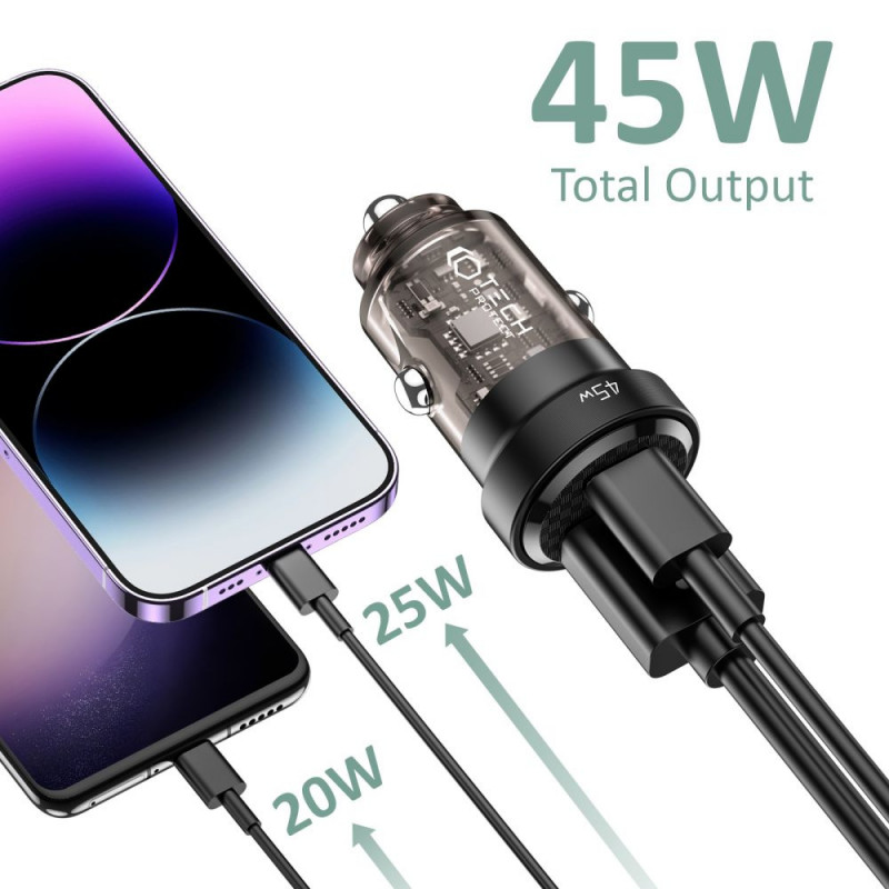 Tech-Protect CC45W 2-Port-Autoladegerät, USB-C PD 45W, USB-A QC 3.0, Schwarz