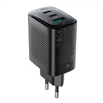 Acefast A108 GaN PD 67W Wandladegerät, 2x USB-C, 1x USB-A, Schwarz