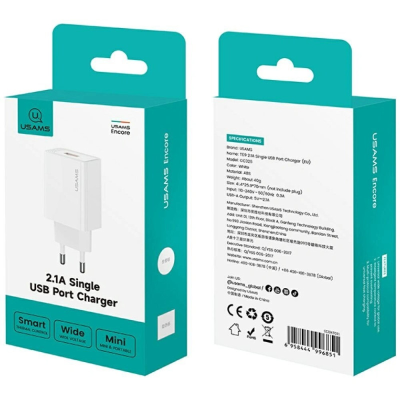 USAMS CC326 T69 USB-A-Wandladegerät, 10,5 W, 2,1 A, Weiß