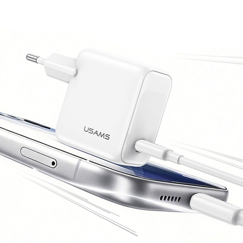 USAMS CC339 T76 45W GaN USB-C Wandladegerät mit SJ711 USB-C-auf-USB-C-Kabel (1 m), weiß