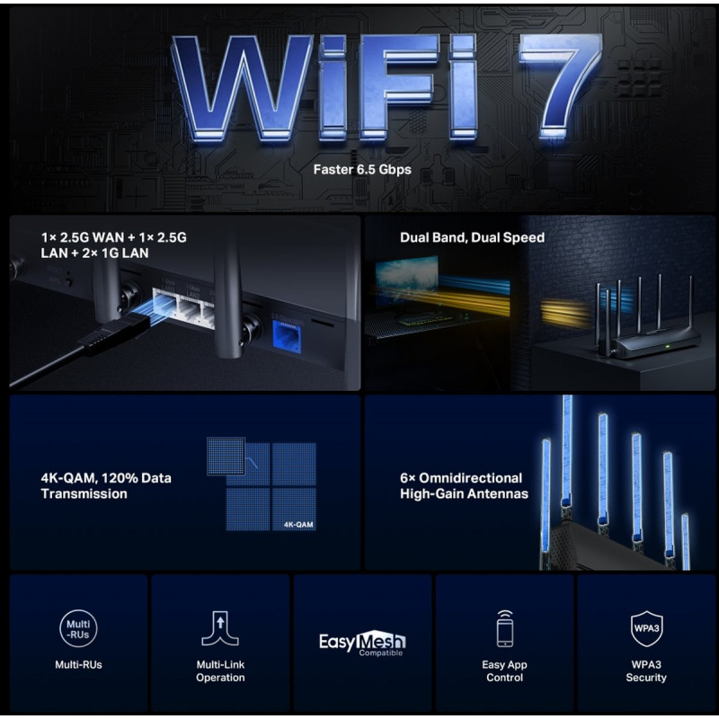 Mercusys MR37BE Dualband-Wi-Fi-7-Router, bis zu 6500 Mbps