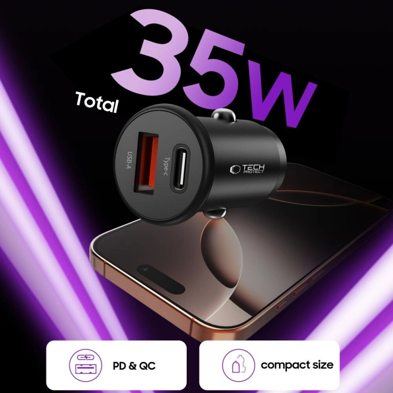 Tech-Protect CC02 2-Port Kfz-Ladegerät USB-A / USB-C, PD 35W / QC 3.0, Schwarz (THP4079)
