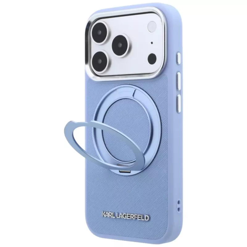 Karl Lagerfeld Ring Stand 360 Saffiano Classic Logo MagSafe Hülle für Apple iPhone 18 Pro / 17 Pro, hellblau (KF003175)