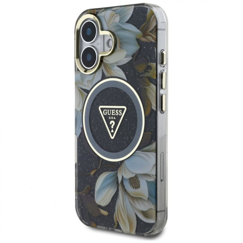 Guess Glitter Flowers Triangle Buttons MagSafe Hülle für Apple iPhone 16, schwarz