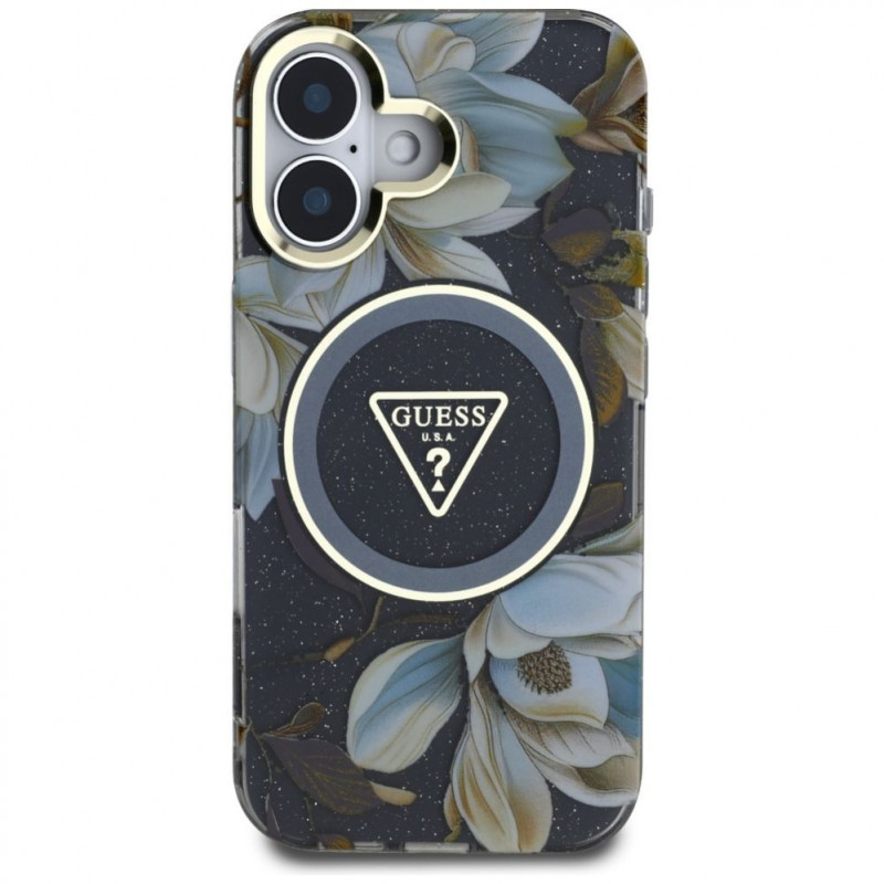 Guess Glitter Flowers Triangle Buttons MagSafe Hülle für Apple iPhone 16, schwarz