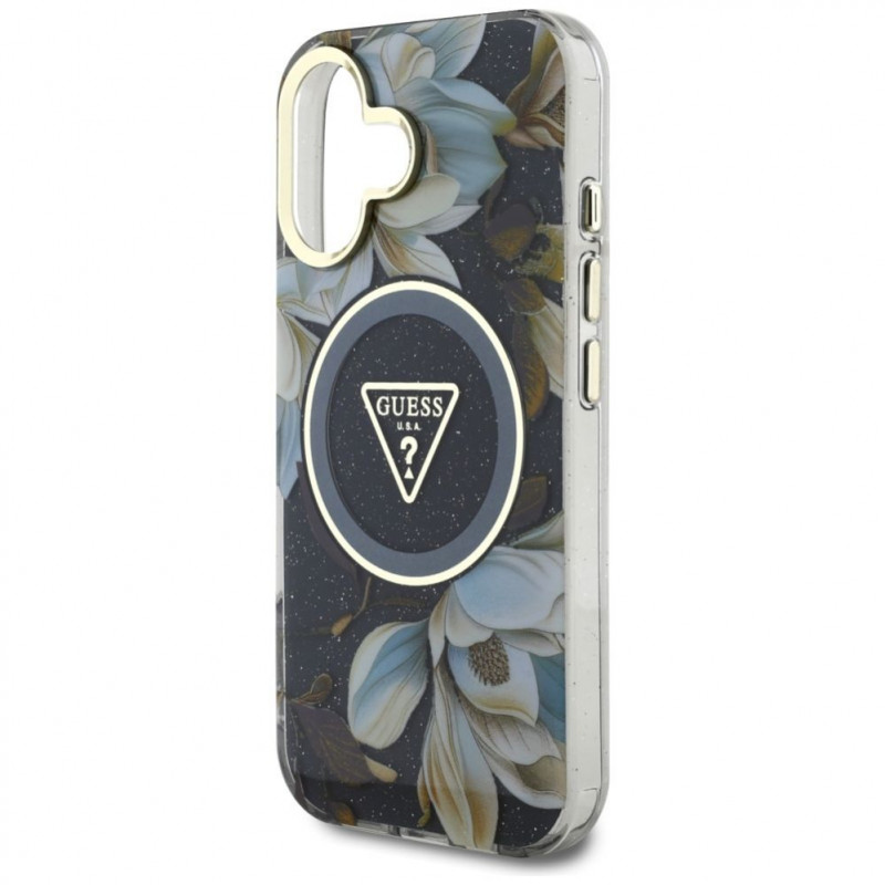 Guess Glitter Flowers Triangle Buttons MagSafe Hülle für Apple iPhone 16, schwarz