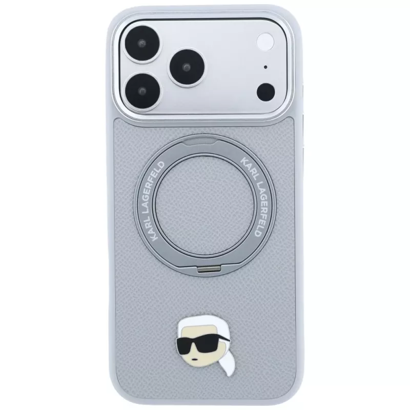 Karl Lagerfeld with Ring Stand 360 Karl Head Pin MagSafe Hülle für Apple iPhone 18 Pro / 17 Pro, grau (KF003235)