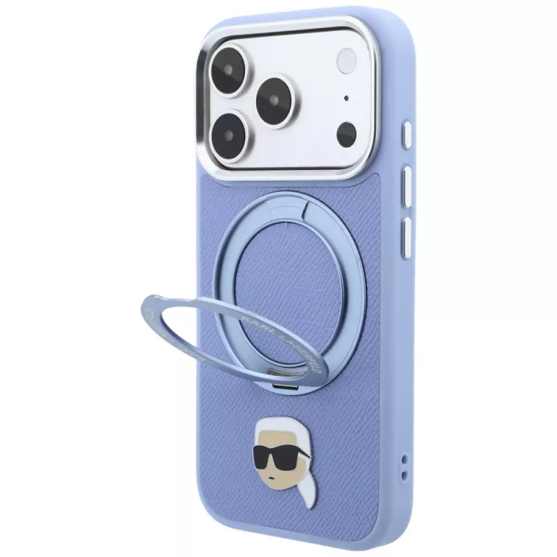 Karl Lagerfeld with Ring Stand 360 Karl Head Pin MagSafe Hülle für Apple iPhone 18 Pro Max / 17 Pro Max, hellblau (KF003238)