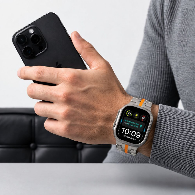 Tech-Protect Stainless THP6100 Apple Watch 8 / 9 / 10 / 11 / 12 / SE / Ultra 44/45/46/49 mm Edelstahlarmband, Titan/Orange