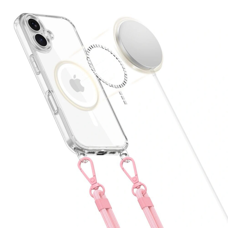 Tech-Protect FlexAir Chain MagSafe Hülle für Apple iPhone 16, transparent, mit grauen und pinken Lanyards