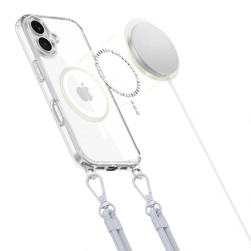 Tech-Protect FlexAir Chain MagSafe Hülle für Apple iPhone 16, transparent, mit grauen und pinken Lanyards