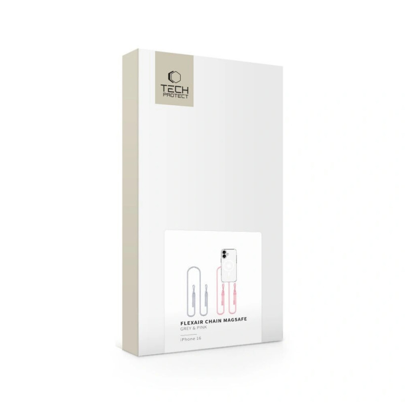 Tech-Protect FlexAir Chain MagSafe Hülle für Apple iPhone 16, transparent, mit grauen und pinken Lanyards