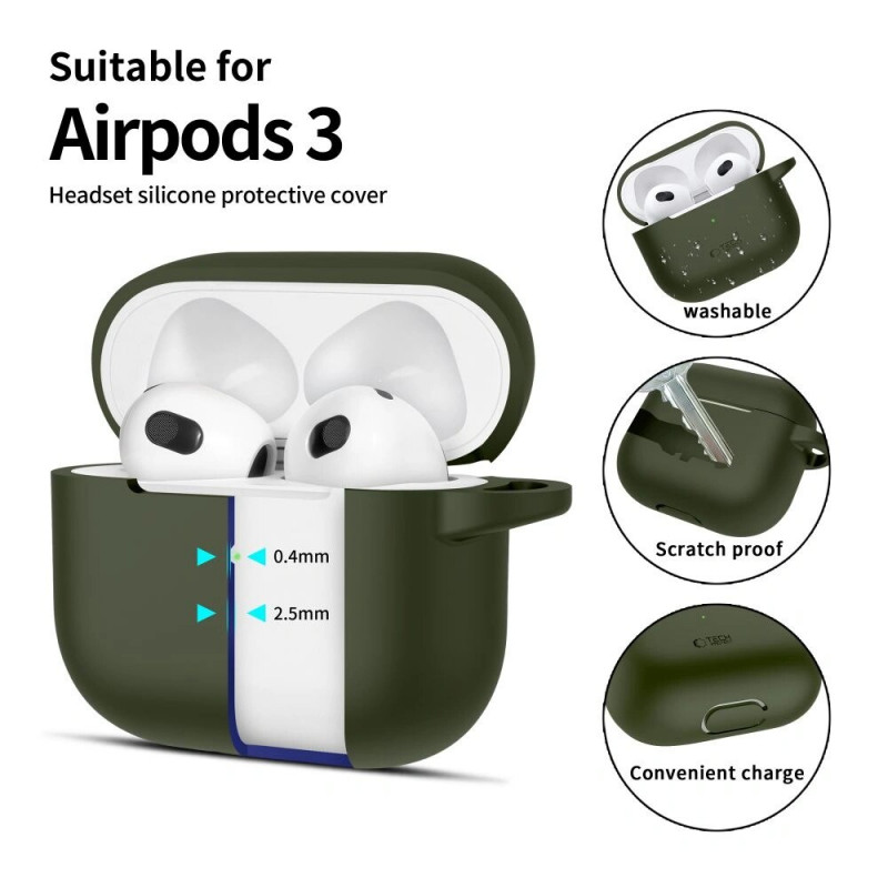 Tech-Protect Silicone Hook Hülle für Apple AirPods 3 mit Karabiner, Olive Green