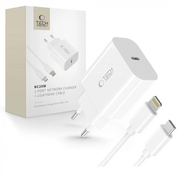 Tech-Protect NC20W 1-Port USB-C-Wandladegerät PD 20W mit Lightning-Kabel, Weiß, 100 cm