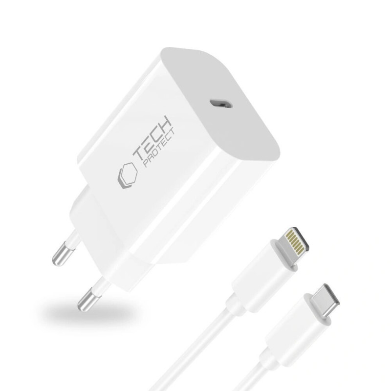 Tech-Protect NC20W 1-Port USB-C-Wandladegerät PD 20W mit Lightning-Kabel, Weiß, 100 cm