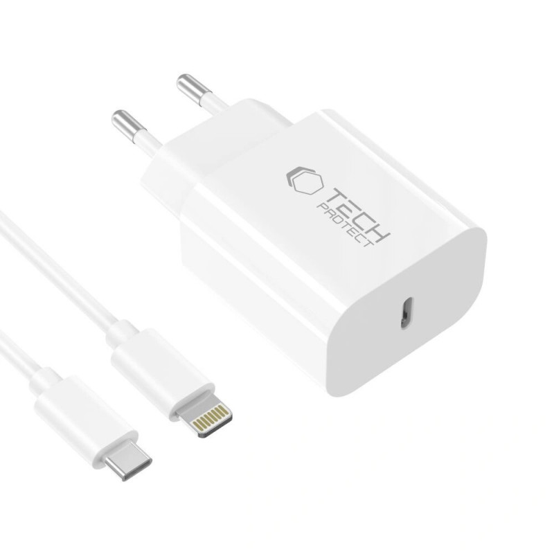 Tech-Protect NC20W 1-Port USB-C-Wandladegerät PD 20W mit Lightning-Kabel, Weiß, 100 cm