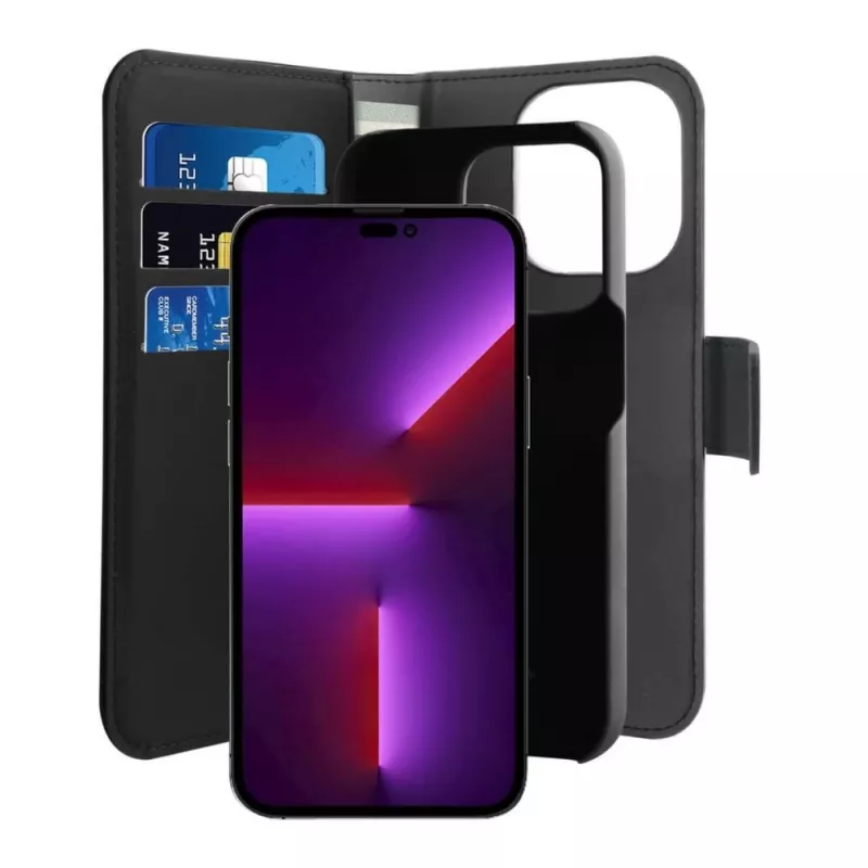 Puro Wallet Detachable MagSafe 2in1 Hülle aus PU-Leder mit Klappe und Wallet für iPhone 14 Pro Max, Schwarz