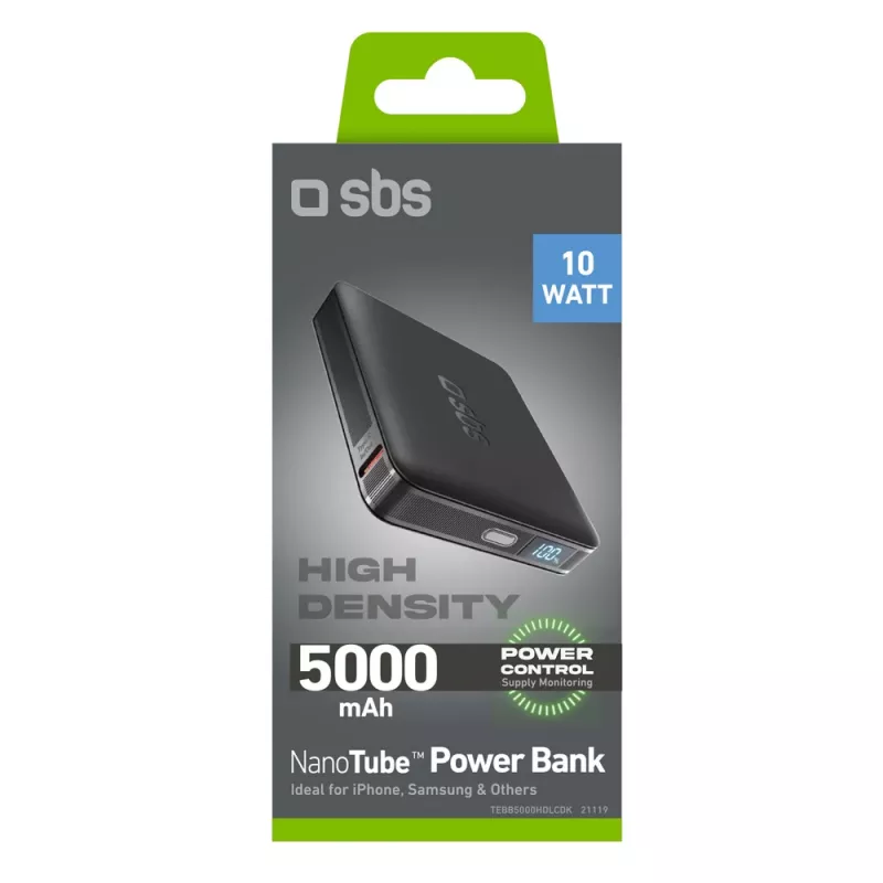 SBS HD 10W 5000mAh USB-C Powerbank mit LCD-Anzeige, Schwarz