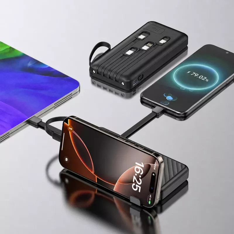 Wozinsky W11-B 10000mAh 10W Powerbank mit integrierten Kabeln und Taschenlampe, Schwarz