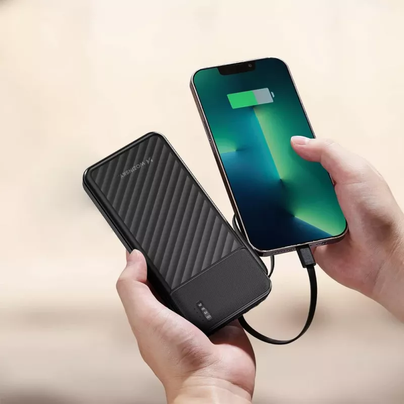 Wozinsky W11-B 10000mAh 10W Powerbank mit integrierten Kabeln und Taschenlampe, Schwarz