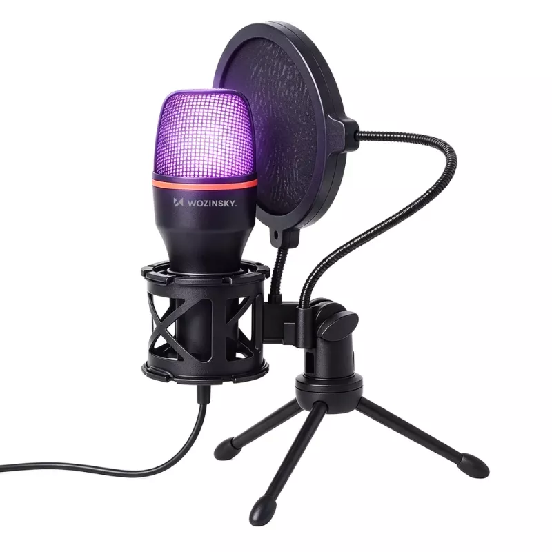Wozinsky WM-W111 Kabelgebundenes Studio-Gaming-Mikrofon mit Ständer und RGB-Hintergrundbeleuchtung, Schwarz