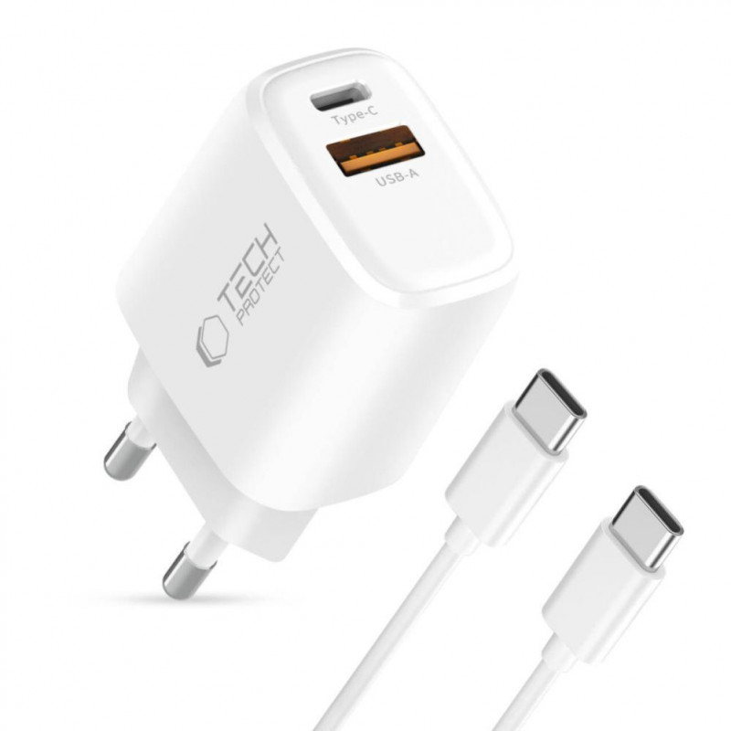 Tech-Protect NCA20 USB-A / USB-C Wandladegerät PD 20W / QC3.0 mit USB-C / USB-C Kabel 100 cm, Weiß